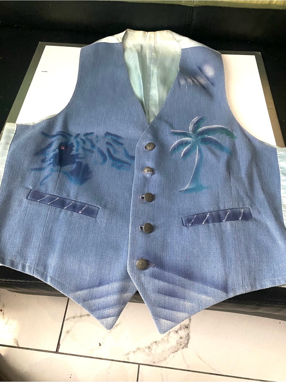 Blue Tropical Palm Painted Vest Sz M